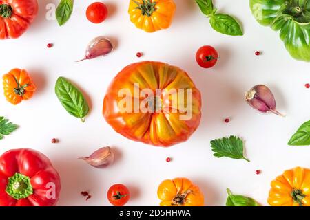 Composition de divers légumes biologiques colorés, herbes et épices sur fond blanc, nourriture végétarienne. Vue sur le dessus. plat Banque D'Images