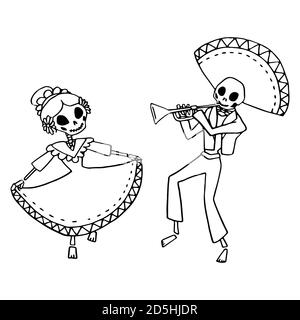 Les mexicains dansent sur fond blanc isolé. Le symbole du jour de la mort pour une invitation ou une carte-cadeau, un carnet, une tuile de bain, un album étui de téléphone ou Illustration de Vecteur