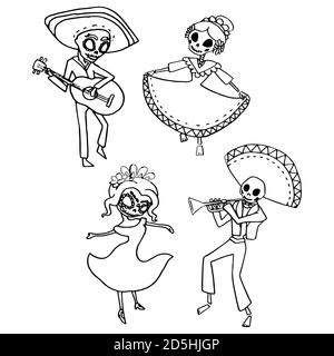 Groupe de musique mexicain sur fond blanc isolé symbole du jour de la mort pour invitation ou carte-cadeau, carnet, tuile de bain, album étui de téléphone ou tissu Illustration de Vecteur