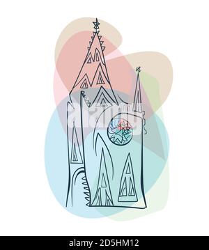 Cathédrale gothique minimaliste de style ligne avec rosette colorée en vitrail fenêtre sur un arrière-plan délicat transparent Illustration de Vecteur