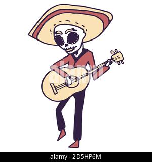 Guitariste mexicaine sur fond blanc isolé. Le symbole du jour de la mort pour une invitation ou une carte-cadeau, un carnet, une tuile de bain, un album, un étui de téléphone ou un clo Illustration de Vecteur