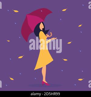 Une femme sous un manteau jaune debout sous un parapluie. Les feuilles sèches et la pluie tombent sur une fille avec un parapluie rouge. Concept automne et mauvais temps Illustration de Vecteur