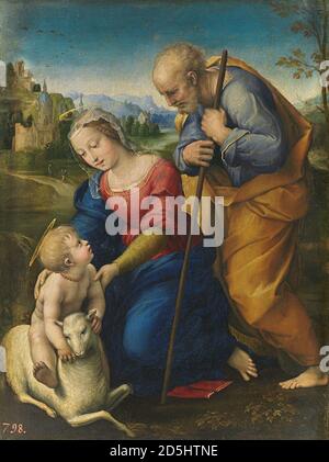 Titre: La Sainte famille avec un Agneau Créateur: Raphaël (Raffaello Sanzio of Urbino) Date: 1507 Dimensions: 29 x 21 cm Moyen: Huile sur panneau lieu: Museo Nacional del Prado Banque D'Images