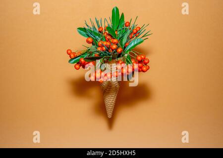 Cône de crème glacée rempli de plantes d'automne Banque D'Images