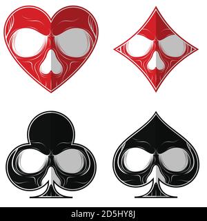 Conception vectorielle, crâne avec les quatre symboles de poker, trèfle de diamant de coeur ace, le tout sur fond blanc. Illustration de Vecteur