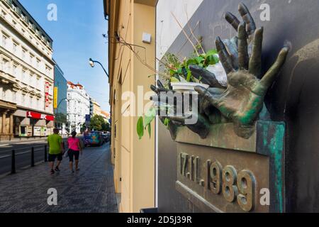 Praha: 17.11.1989 mémorial de la révolution de velours dans la rue Narodni à Nove Mesto, Nouvelle ville, Praha, Prag, Prague, Tchèque Banque D'Images