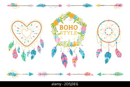 Ensemble d'éléments de style bohémien. Éléments de décoration de mariage bohémien. Dreamcatcher, plumes, couronne florale. Collection de talisman ethnique coloré. Indien, style hipster, symbole tribal vecteur américain Illustration de Vecteur