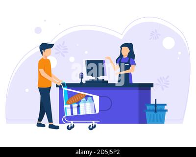 Les clients font la file d'attente à l'épicerie ou au supermarché en mettant les articles dans le chariot. Placez les achats sur le comptoir à payer. Vector Flat Ilustreti Illustration de Vecteur