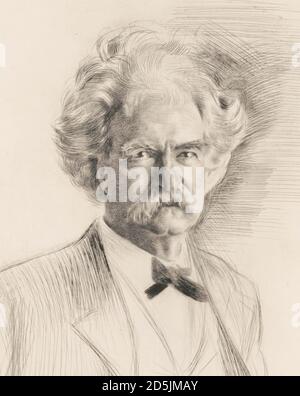 Portrait-crayon de Mark Twayn Samuel Langhorne Clemens (1835 – 1910), connu sous son nom de plume Mark Twain, était un écrivain, humoriste, entrepreneur américain Banque D'Images