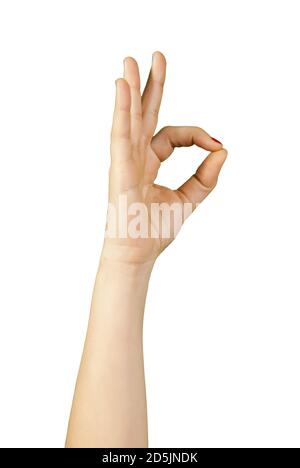 La main femelle isolée montre le numéro trois sur fond blanc Banque D'Images