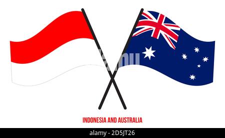 Indonésie et Australie drapeaux croisés et ondulant style plat. Proportion officielle. Corriger les couleurs. Illustration de Vecteur