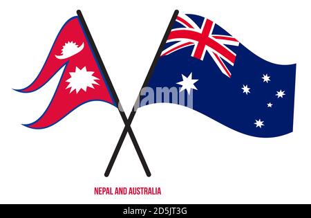 Nepal et Australie drapeaux croisés et ondulant le style plat. Proportion officielle. Corriger les couleurs. Illustration de Vecteur