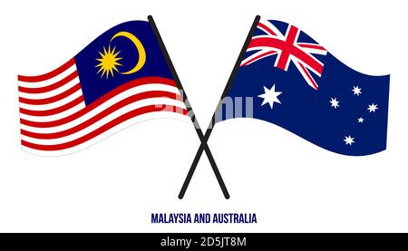 Drapeau de Malaisie et d'Australie croisés et agitant le style plat. Proportion officielle. Corriger les couleurs. Illustration de Vecteur