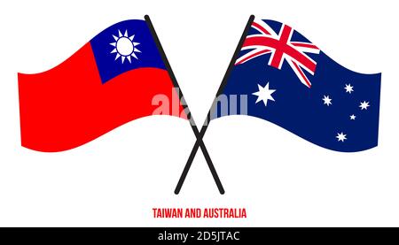 Taiwan et l'Australie drapeaux croisés et ondulant le style plat. Proportion officielle. Corriger les couleurs. Illustration de Vecteur