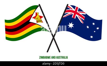 Zimbabwe et Australie drapeaux croisés et ondulant le style plat. Proportion officielle. Corriger les couleurs. Illustration de Vecteur