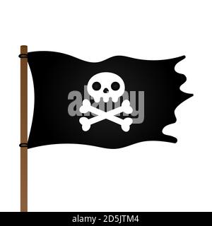 Crâne Jolly Roger, drapeau pirate et os crossets de style plat dessin vectoriel illustration. Illustration de Vecteur