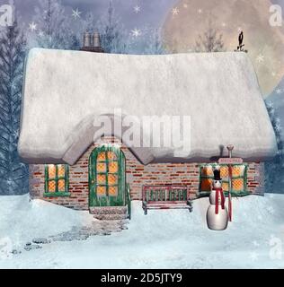 Extérieur du chalet du Père noël avec bonhomme de neige Banque D'Images