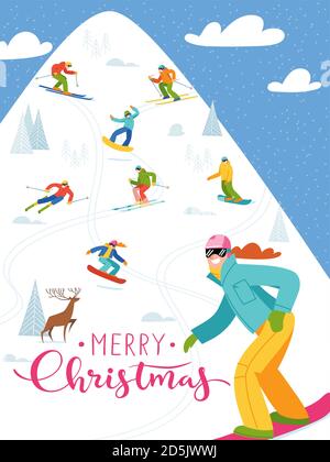 Affiche de la station de ski avec des gens qui font des sports d'hiver. Illustration de Vecteur