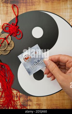 Main tenant une carte avec le signe chinois d'astrologie de Lapin Banque D'Images