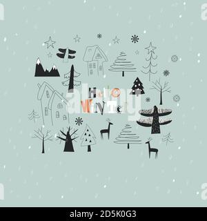 Paysage d'hiver. Le village dans la forêt sur un fond de montagnes Illustration de Vecteur