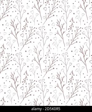 Motif rustique simple sans couture avec branches, baies et coeurs sur fond blanc. Arrière-plan de la nature du croquis au crayon. Texture vectorielle douce pour le fab Illustration de Vecteur