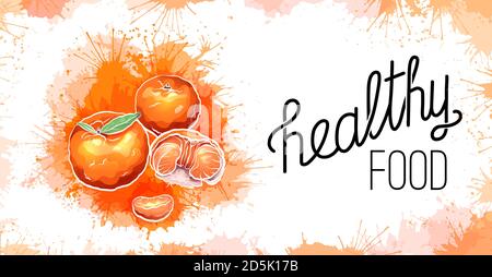 Une alimentation saine. Tangerine de dessin animé avec des touches d'aquarelle et des lettres. Ingrédient pour le régime de keto et guacamole avec citation. Carte d'art vectoriel pour moi Illustration de Vecteur