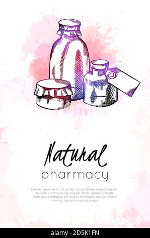 Pharmacie naturelle. Carte verticale avec illustration au néon du flacon, flacons avec étiquettes, hachurage et éclaboussures d'aquarelle. Santé et médecine. Illustration de Vecteur