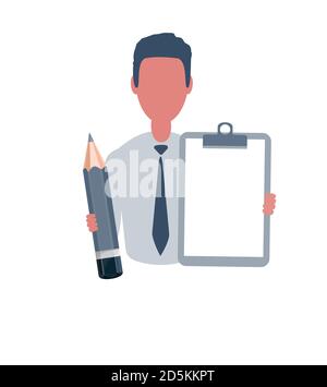 Homme d'affaires ou commis tenant un papier et un crayon. Personnage masculin de style simple, illustration vectorielle plate. Concept d'entreprise. Isolé sur Illustration de Vecteur