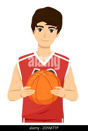 Illustration d'un adolescent Guy Player tenant un ballon de basket-ball Et souriant Banque D'Images