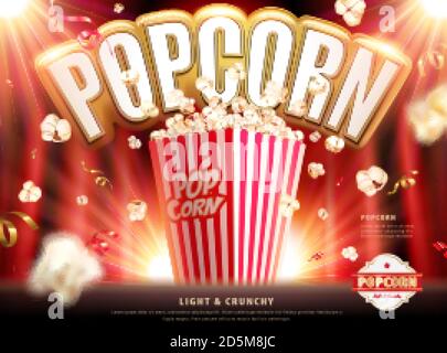 Pop-corn léger et croquant avec confetti et pop-corn tombant sur fond rouge dans l'illustration 3d Illustration de Vecteur