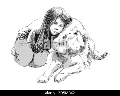 Adorable petite fille embrassant son ami grand chien Tibétain mastiff Esquissez une illustration représentant un crayon dessiné à la main Banque D'Images