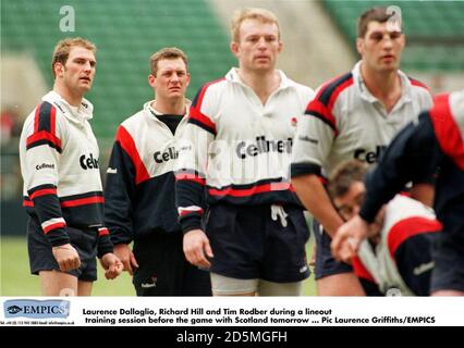 Lawrence Dallaglio, Richard Hill et Tim Rodber lors d'une séance d'entraînement de ligne avant le match avec l'Écosse demain Banque D'Images