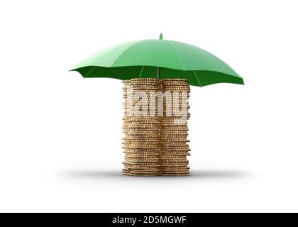 Pièces d'or protégées par un parapluie isolé sur fond blanc. Concept de protection d'assurance, de sécurité bancaire ou d'autres choses liées à la sécurisation de p Banque D'Images