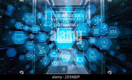 Photo d'un corridor dans un centre de données en fonctionnement, plein de serveurs rack. Concept de possibilités de stockage dans le cloud avec différentes icônes et Banque D'Images
