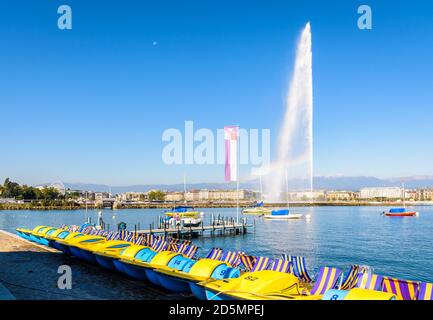 Pédalos alignés sur les rives du lac Léman à Genève, le matin d'été ensoleillé avec la fontaine jet d'eau Jet d'eau au loin. Banque D'Images