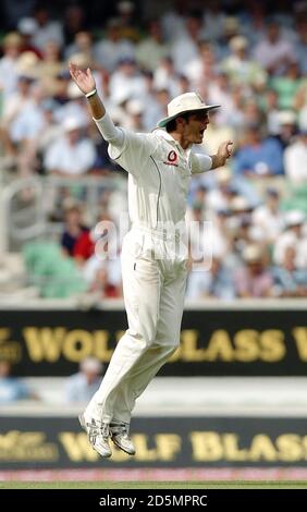 Le capitaine de l'Angleterre Michael Vaughan appelle pour le cricket de l'Australie Justin Langer pendant le deuxième jour du cinquième et Test final au Brit Oval Banque D'Images