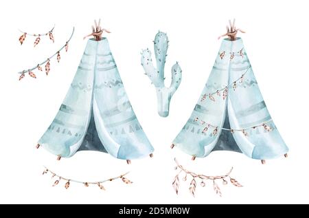 Aquarelle avec des éléments ethniques mexicains: cactus, teepee et traditionnel wigwam, invitation à la fête Boho. Douche de bébé garçon. Ouest sauvage Banque D'Images