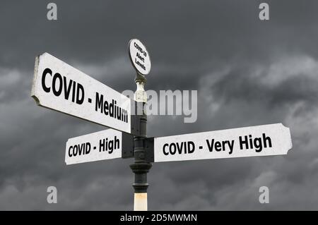 Illustration d'un panneau de direction ou d'un montant à doigts indiquant les niveaux d'alerte pour les restrictions locales dues à la pandémie de coronavirus COVID19 au Royaume-Uni. Banque D'Images