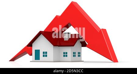 Maison et flèche de chute isolée, rendu 3D Banque D'Images