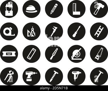 Icônes de menuisier blanc sur noir plat Design cercle ensemble grand Illustration de Vecteur