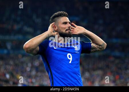 Olivier Giroud, France, célèbre son cinquième but jeu Banque D'Images