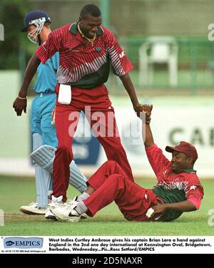 West Indies Ambrose (à gauche) donne son capitaine Brian Lara (droite) une main Banque D'Images