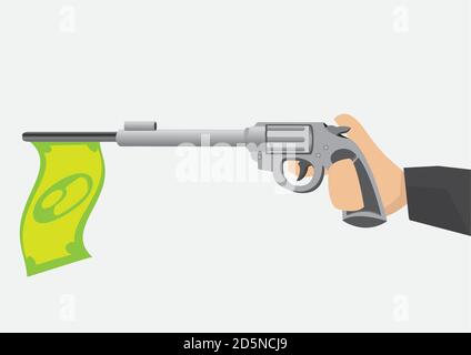 Main tenant le pistolet revolver de jouet avec l'index sur la gâchette et un drapeau de note de dollar vert suspendu du canon de canon. Illustration de dessin animé vectoriel avec mone Illustration de Vecteur