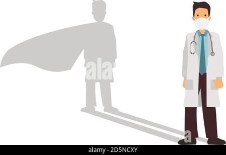 Médecin avec l'ombre du super-héros sur le mur. Héros combattre la pandémie du coronavirus, épidémie avec courage. Sauver le concept médical. Illustration vectorielle. Illustration de Vecteur