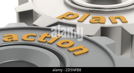 Mot du plan d'action sur les engrenages métalliques, rendu 3D Banque D'Images