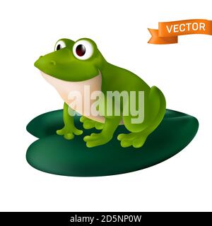 Grenouille de dessin animé verte avec de grands yeux assis sur une feuille de Lily d'eau verte. Illustration vectorielle isolée sur fond blanc Illustration de Vecteur