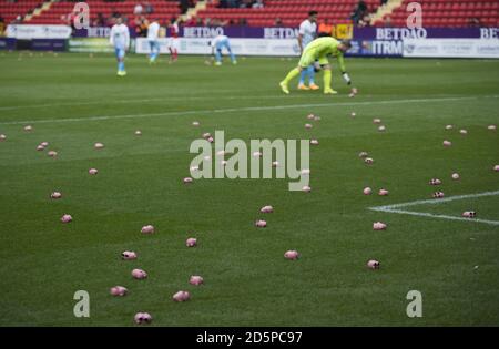 Les fans de Charlton Athletic et de Coventry City organisent une manifestation commune contre leurs propriétaires respectifs comme ils jettent des cochons d'argent en plastique sur le terrain de jeu Banque D'Images