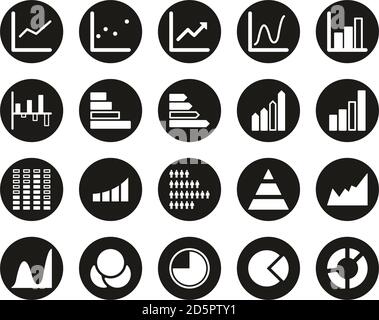 Graphiques ou icônes de graphique blanc sur cercle de conception plat noir Définir grand Illustration de Vecteur