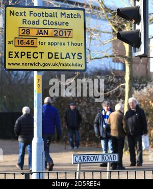 Signalisation à l'extérieur de Carrow Road avant le match entre Norwich City et Birmingham City. Banque D'Images