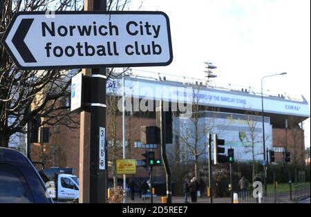 Signalisation à l'extérieur de Carrow Road avant le match entre Norwich City et Birmingham City. Banque D'Images